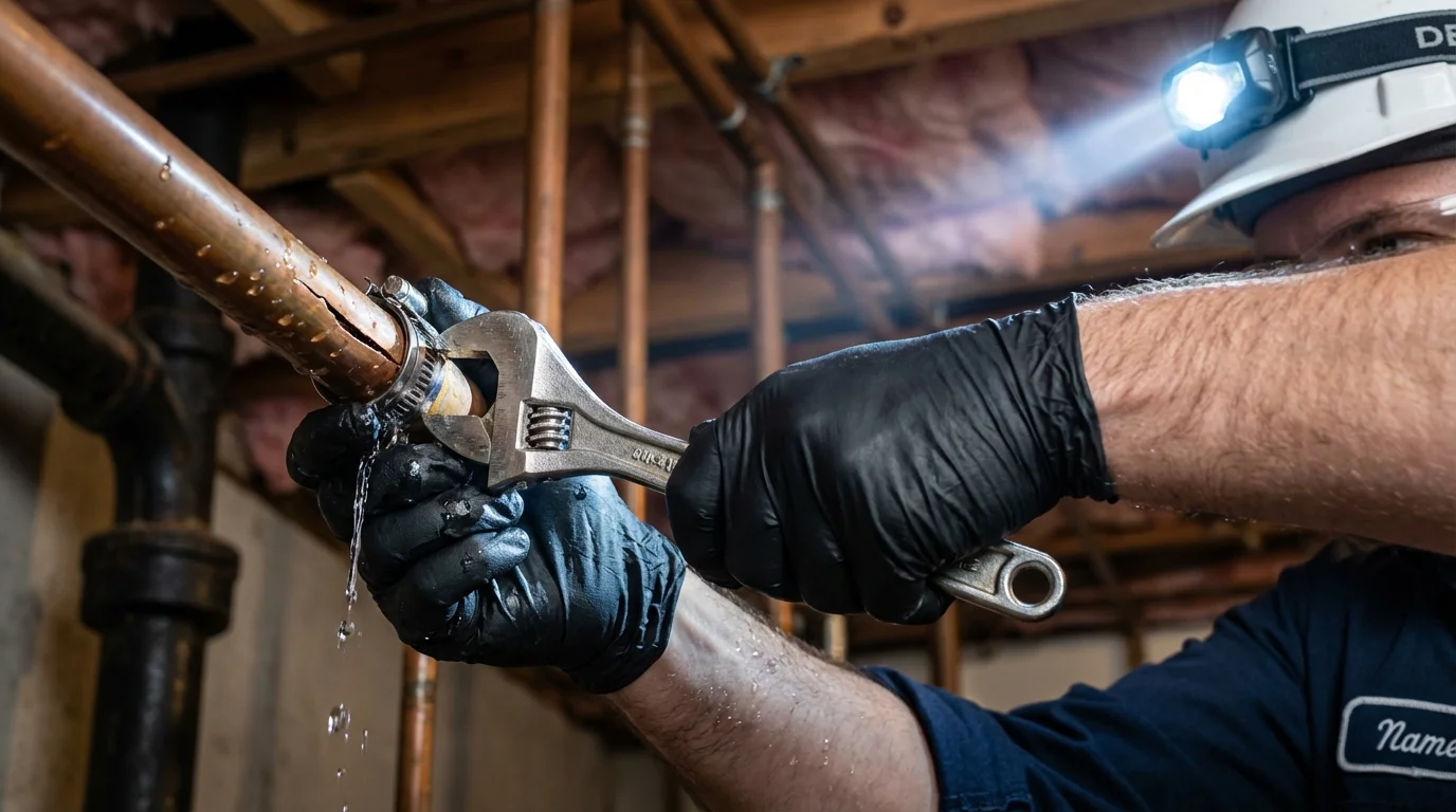 Emergency pipe clamp repair being performed by a Johns Plumbing LLC plumber in Sherwood