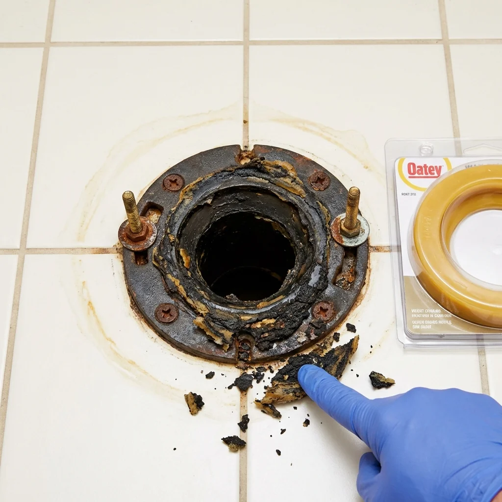 Failed wax ring showing water seepage at the base of a toilet in a Sherwood, AR home