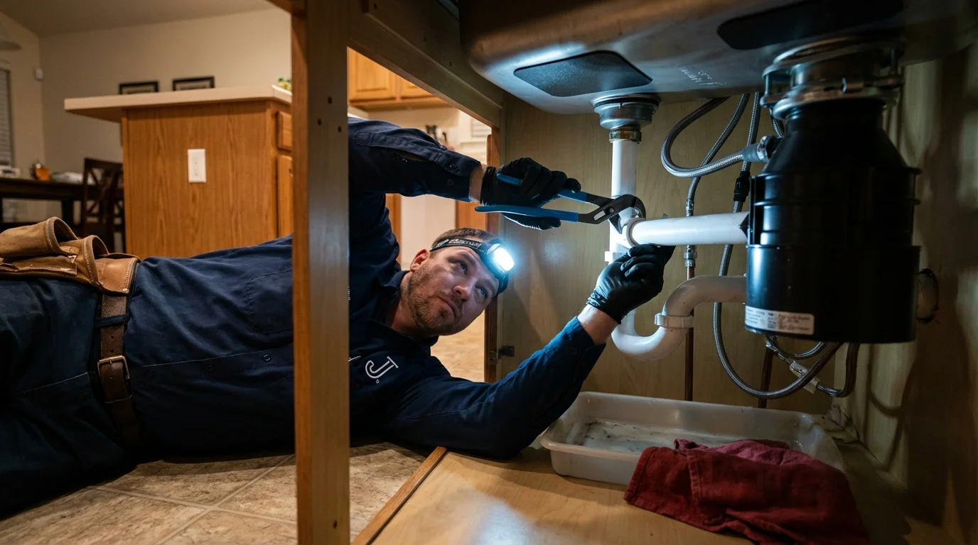 P-trap and supply line connections under a kitchen sink showing a common leak point in Sherwood, AR